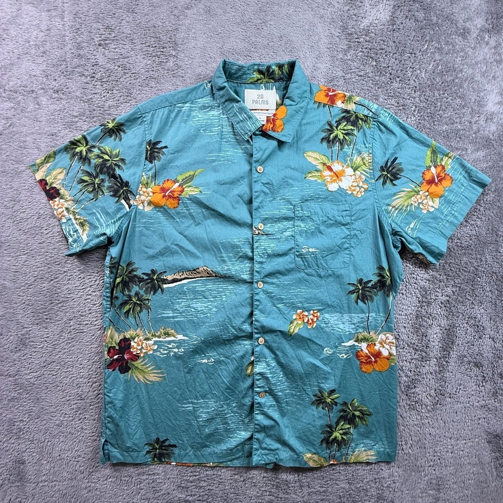 28 Palms Hawaiian Shirt Mens XL Teal Tropical Island Floral Cotton Button Up
